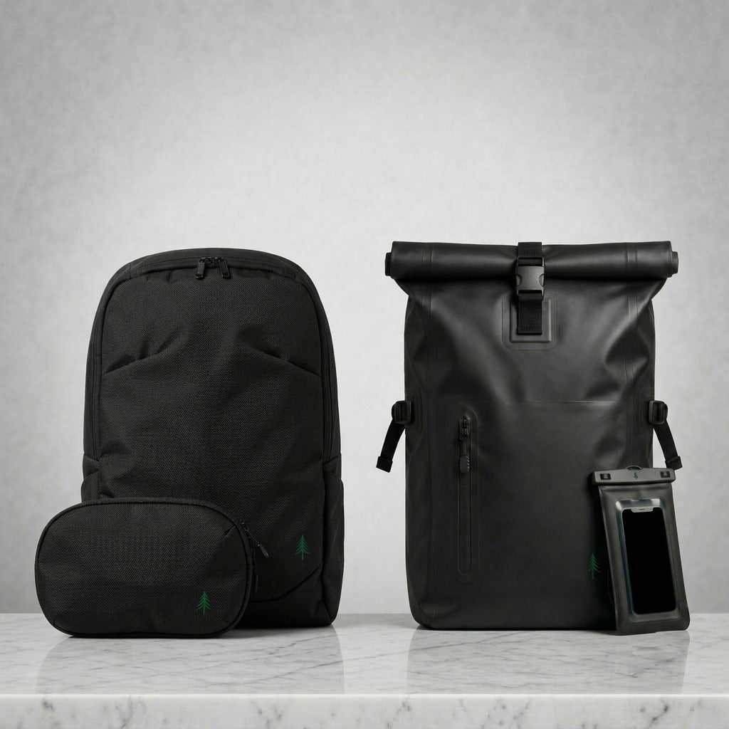 Produktfotos der beiden stylishen FIRONA-Bundles mit dem City Bundle aus City Backpack und Organizer Pouch sowie dem Dry Bundle aus Waterproof Backpack und Phone Pouch