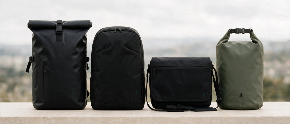 Firona Rucksäcke und Taschen mit dem Waterproof Backpack, City Backpack, Messenger Bag und der Dry Bag als edle Kollektion gemeinsam auf einem Podium