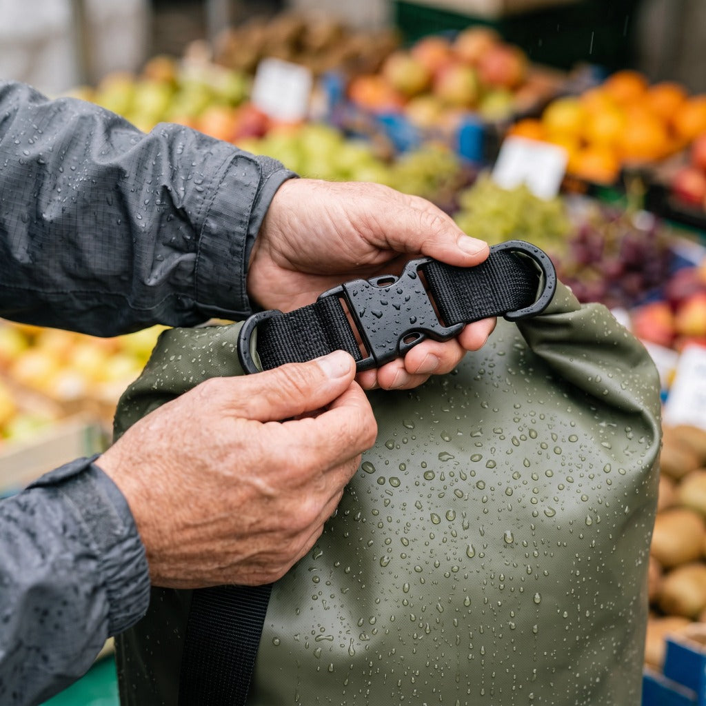 Nahaufnahme der Dry Bag und des Verschlusses für den besten wasserdichten Schutz auf Reisen