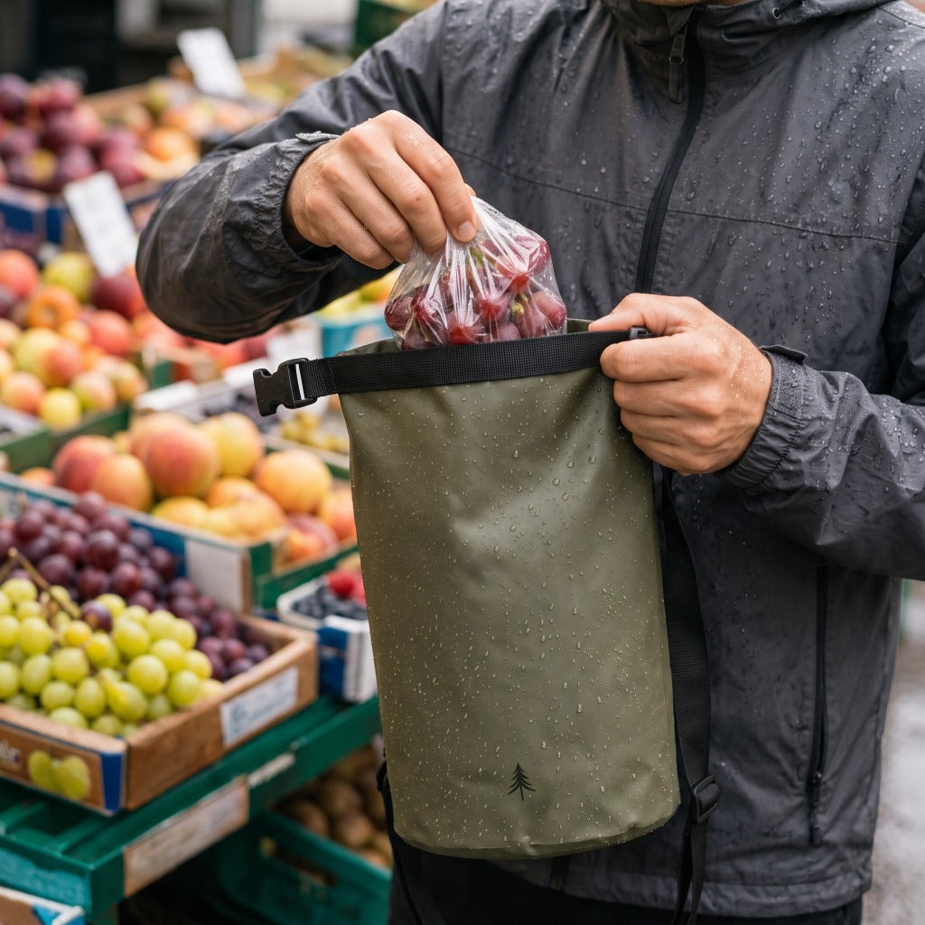 Geöffnete Dry Bag mit großzügigen Stauraum für Produkte und Wertsachen, die trocken bleiben sollen