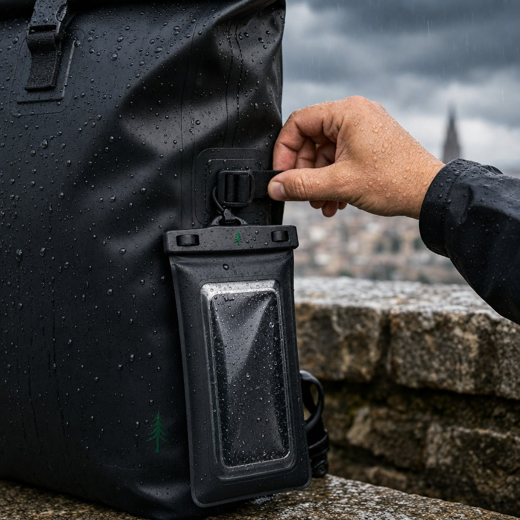 Firona Dry Bundle mit Close Up vom Waterproof Backpack mit Roll-Top und wasserdichten Phone Pouch