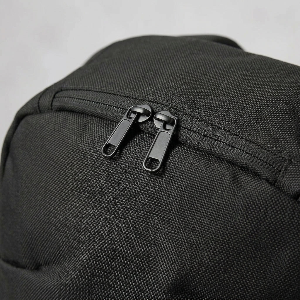 Nahaufnahme des mattschwarzen Doppel-Reißverschlusses und der fein strukturierten Stoffoberfläche des schwarzen FIRONA City Rucksacks.