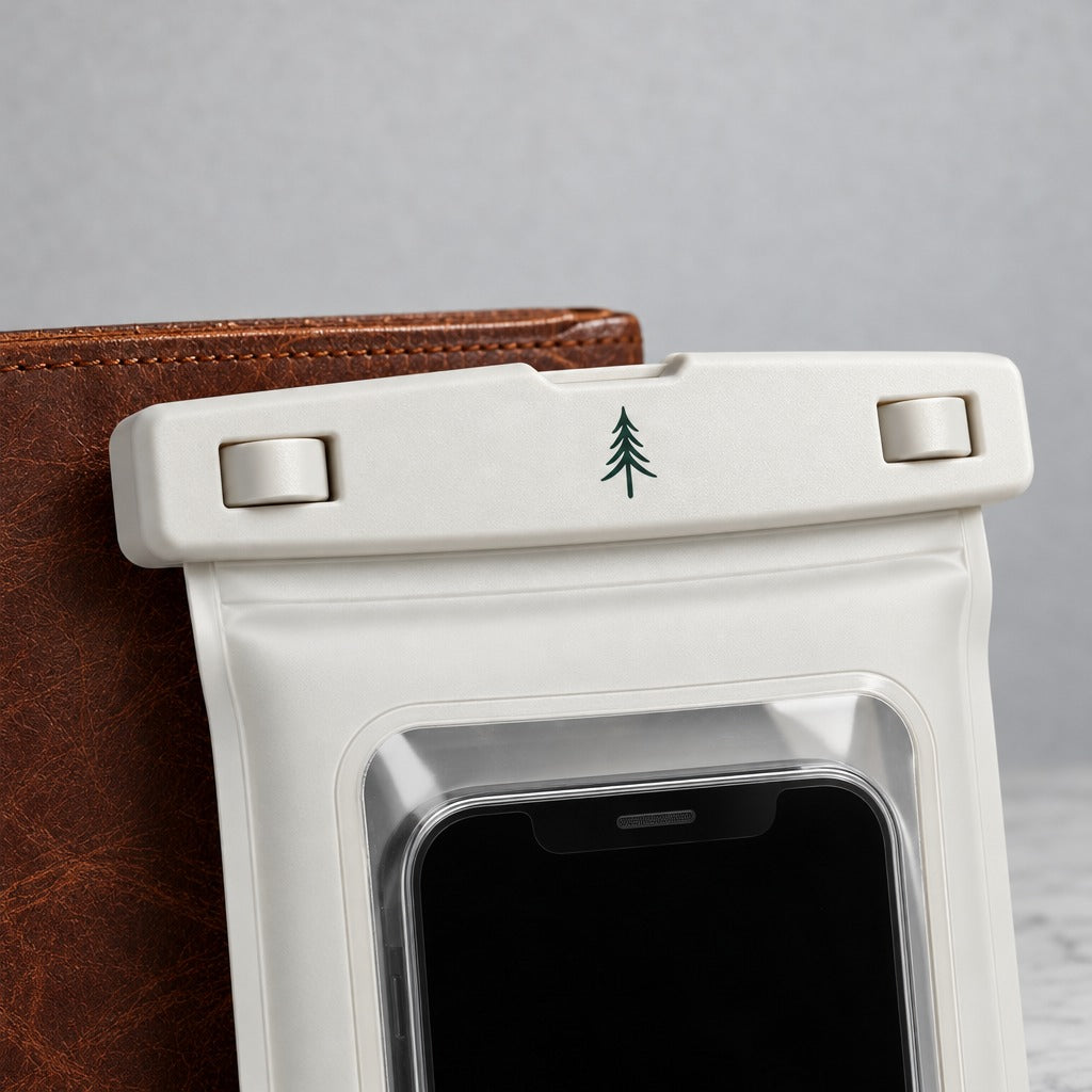 Nahaufnahme des FIRONA Phone Pouch in weißer Farbe und dem wasserdichten Verschluss für höchste Sicherheit des Handys