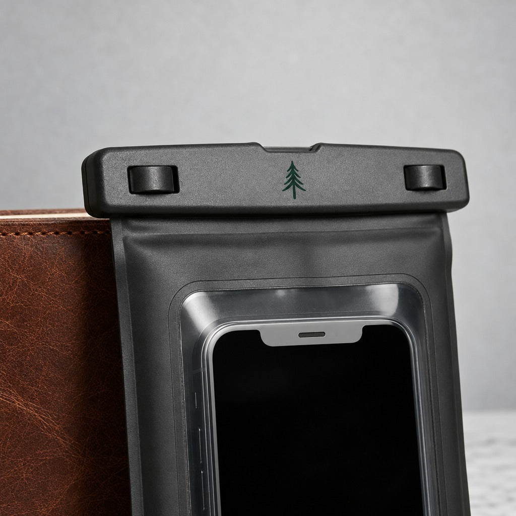 Schwarze FIRONA Phone Pouch in einer Nahaufnahme mit grünem Logo und sicher Schutzvorrichtung als perfekte Schutzhülle gegen Wasser, Feuchtigkeit, Dreck und Staub