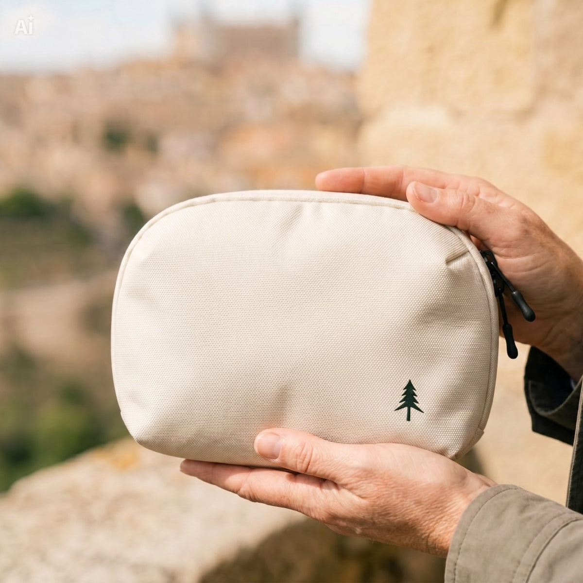 Firona Organizer Pouch weiß: Luxuriöser Close Up vom weißen Organizer Pouch mit minimalistischen Firona Logo und bereit für Inhalte wie Schlüssel, Geldbörse, Powerbank und Kosmetika.