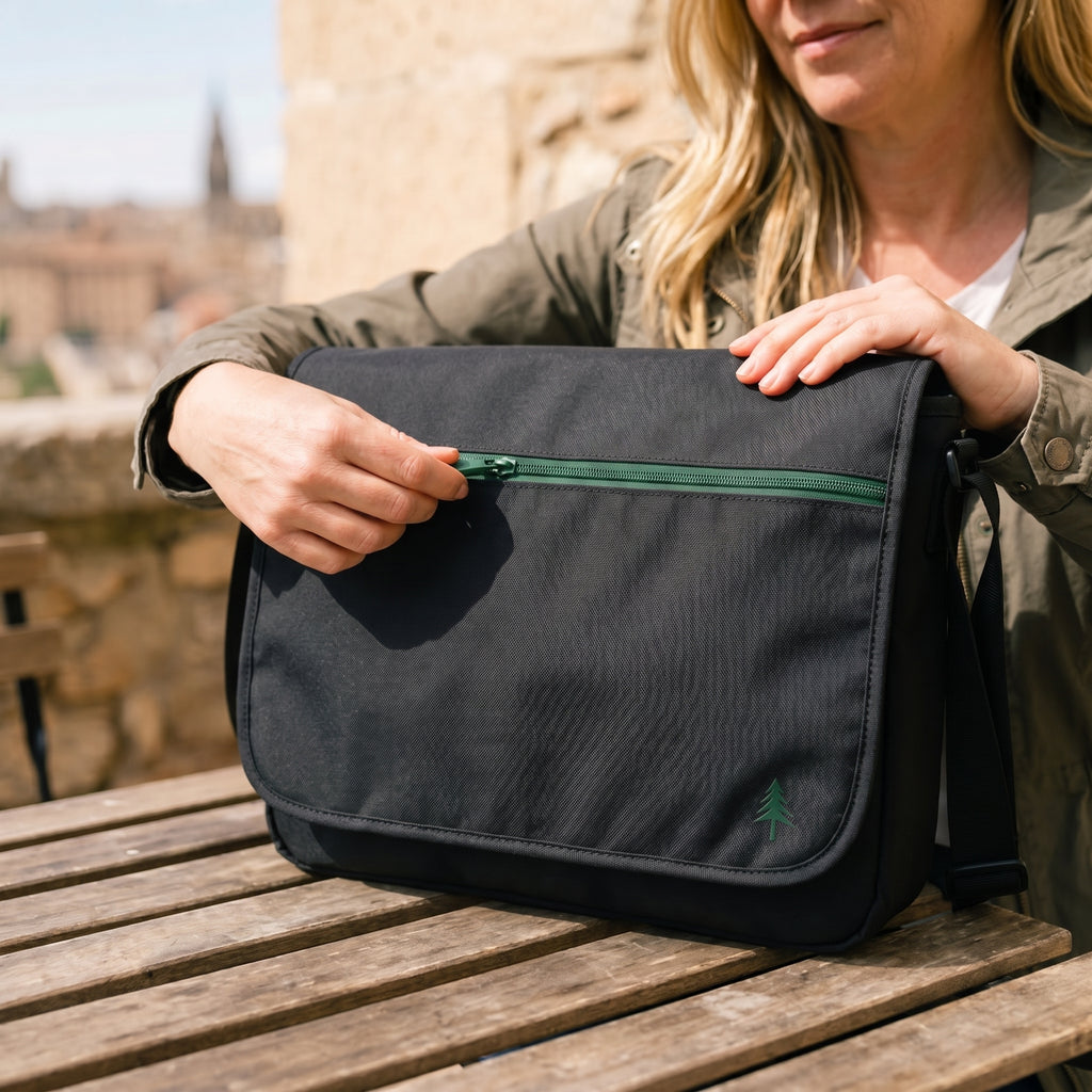 Nahaufnahme des Verschlusses der Messenger Bag im edlen Firona Stil für Städtereisen und Alltag als Umhängetasche.