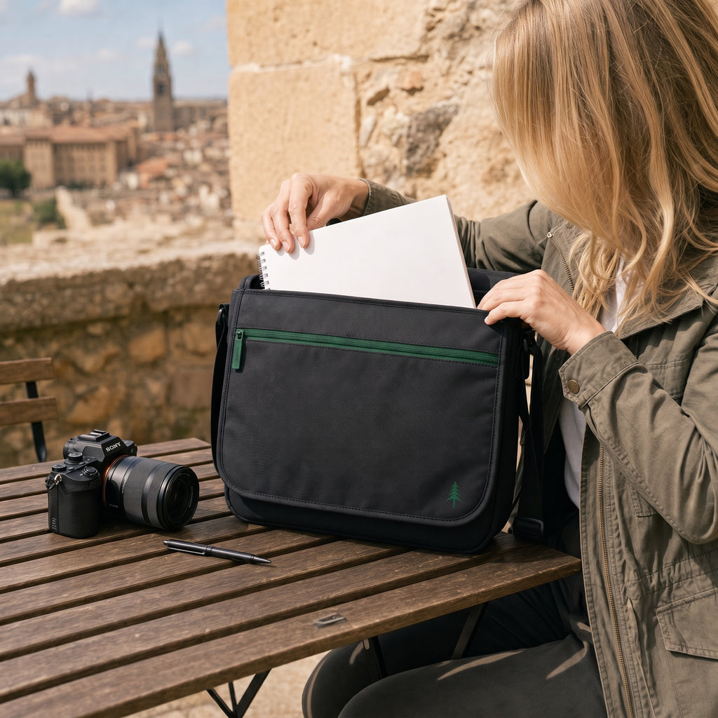 Nahaufnahme der geöffneten Messenger Bag mit großzügigen Platz für alles was man braucht im edlen Firona Stil für Städtereisen und im Alltag als Umhängetasche und Schultertasche