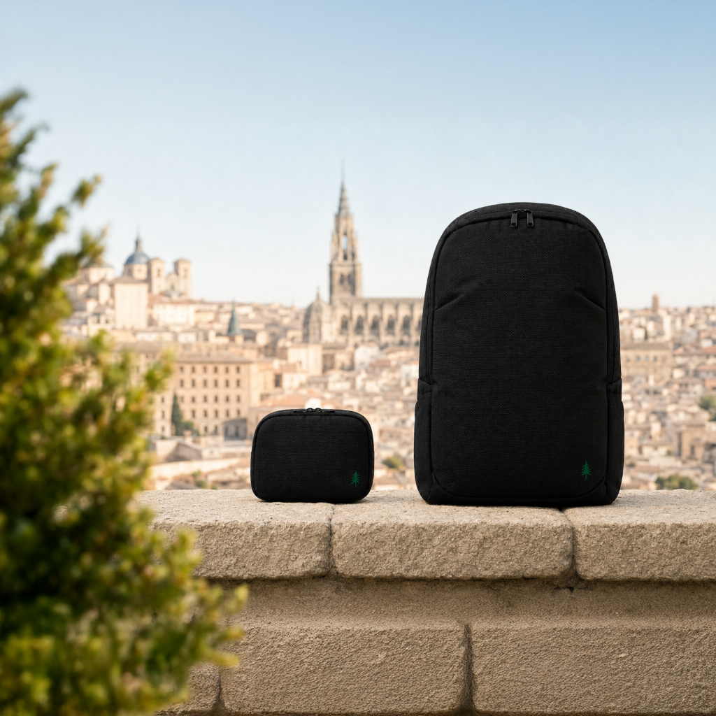 Premium-Produktfoto: Die schwarze Firona Organizer Pouch steht harmonisch neben dem Firona City Backpack auf einer hellen Steinmauer. Beide minimalistischen Produkte präsentieren das dezente, grüne Tannen-Logo in der unteren rechten.
