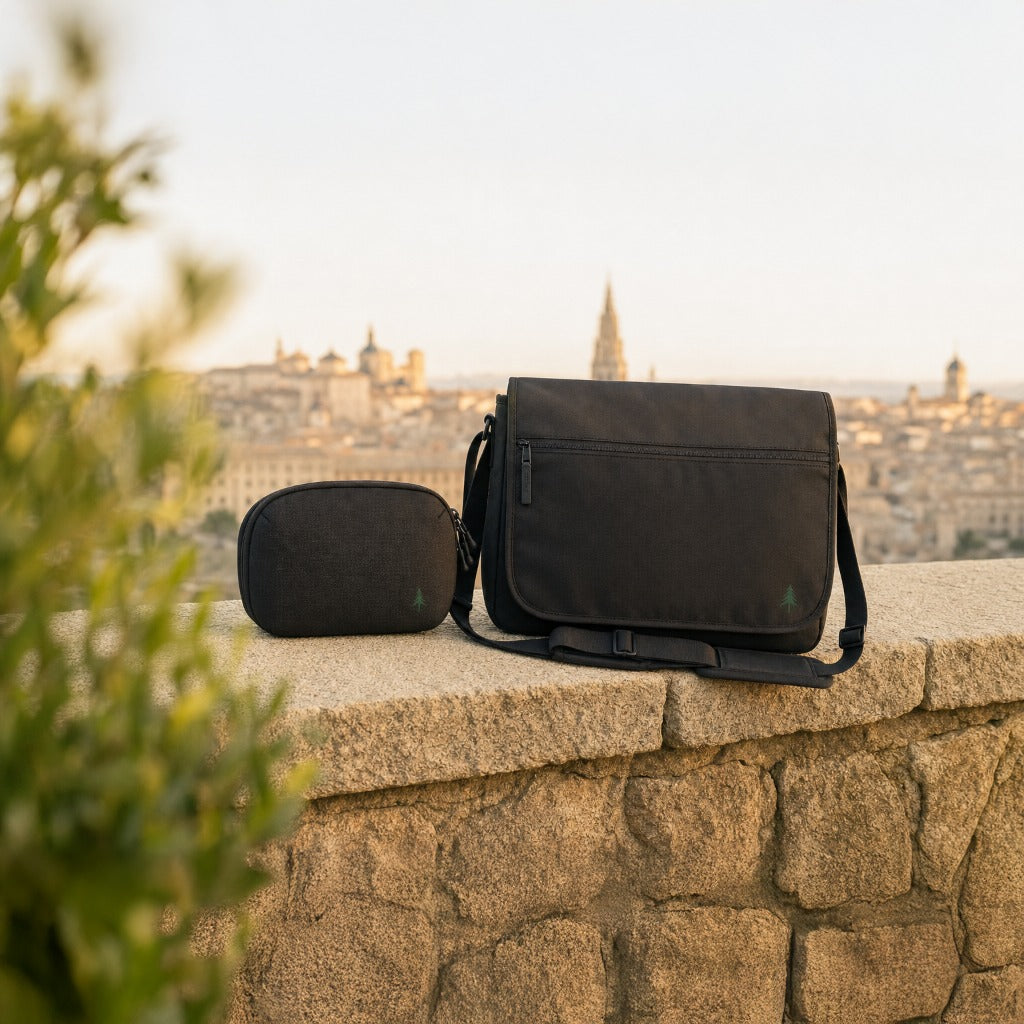 Atmosphärische Aufnahme des Organizer Pouch mit der Messenger Bag mit Fokus auf die Vorderseite der Produkte