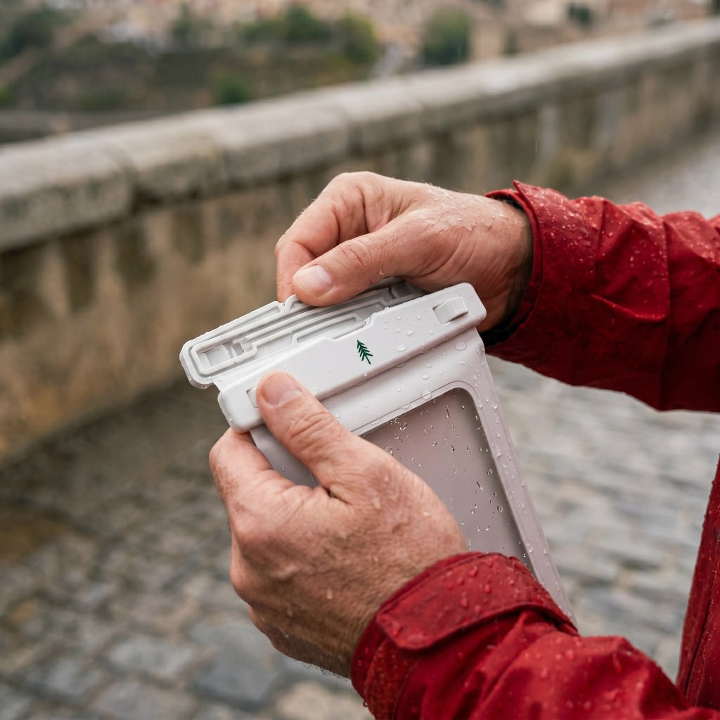 Produktfoto von geöffneten Firona Phone Pouch im Regen zum perfekten Schutz von Handys und Smartphones
