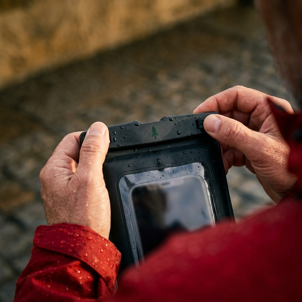 Nahaufnahme von schwarzen Phone Pouch mit leicht zu bedienenden Verschluss für optimalen Schutz der Smartphones und Handys.