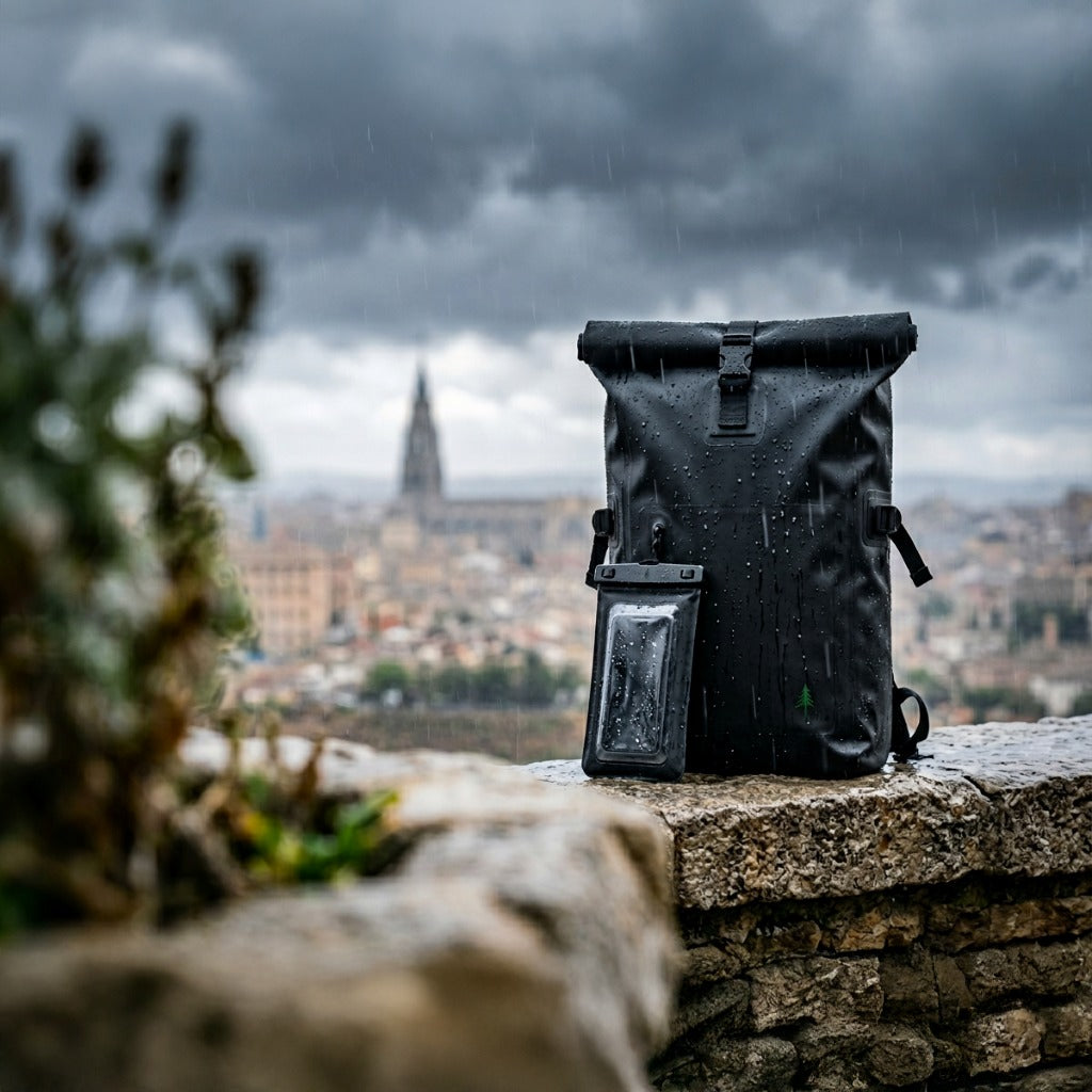 Wasserdichter Firona Waterproof Backpack in Schwarz mit Roll-Top-Verschluss. Der nasse Rucksack ist mit Wassertropfen bedeckt und steht samt angehängter wasserdichter Smartphone-Tasche auf einer steinernen Mauer. Im Hintergrund sieht man eine wolkenverhangene europäische Altstadt mit großem Kirchturm unter dunklen Gewitterwolken.