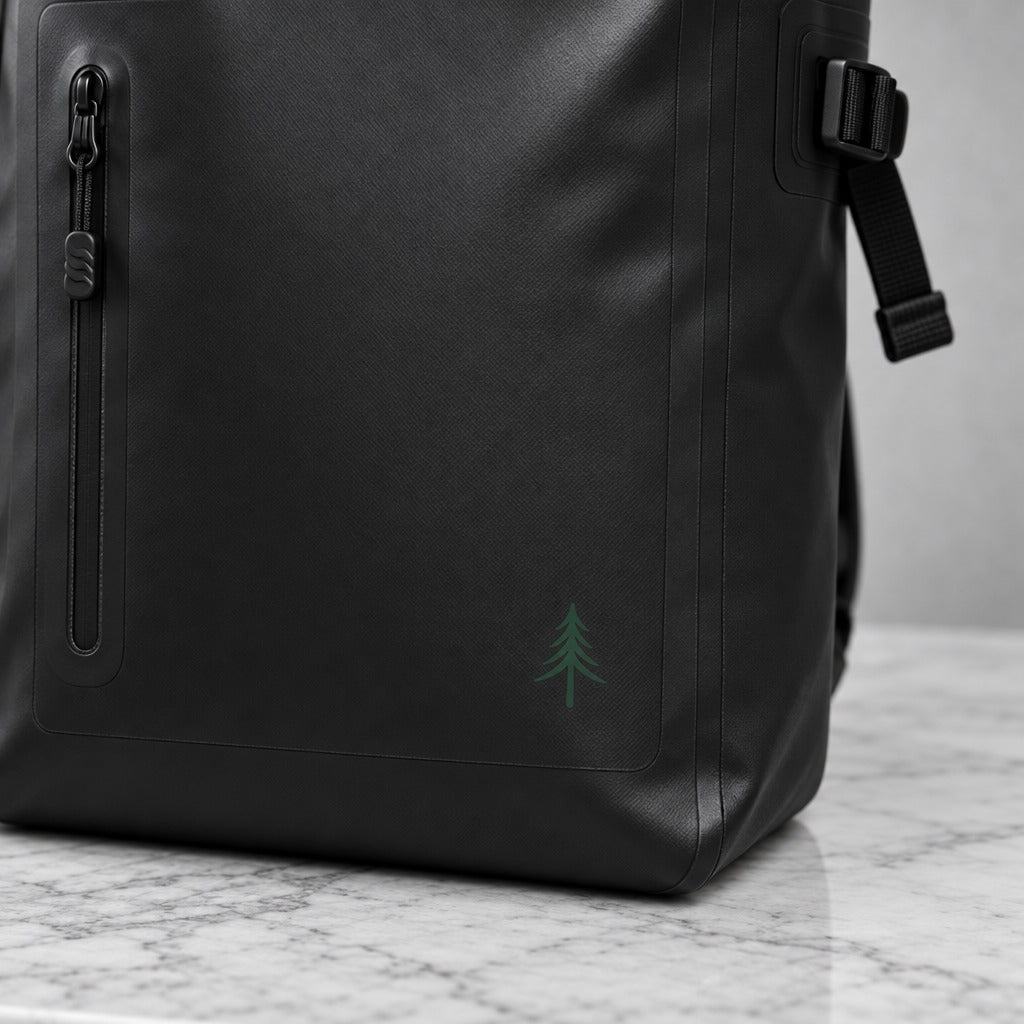 Nahaufnahme der Vorderseite des schwarzen FIRONA Waterproof Backpacks aus mattem, wasserfestem Material mit verschweißtem vertikalem Reißverschluss und grünem Tannenbaum-Logo auf einer hellen Marmorfläche.