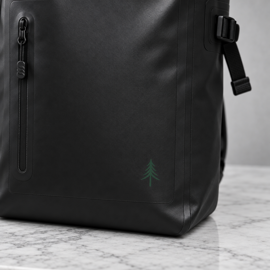 Nahaufnahme der Vorderseite des schwarzen FIRONA Waterproof Backpacks aus mattem, wasserfestem Material mit verschweißtem vertikalem Reißverschluss und grünem Tannenbaum-Logo auf einer hellen Marmorfläche.