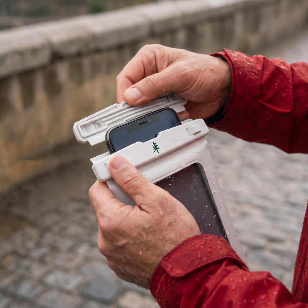 Handy wird in wasserfestem Handy Schutzhülle verstaut und bietet als Phone Pouch Schutz vor Regen und Staub