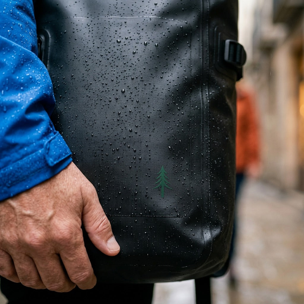 Nahaufnahme vom wasserdichten Roll-Top Rucksack aus wasserabweisenden Materialien
